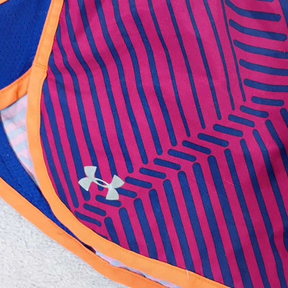 Under Armour Women Fly-By Pink Blue Striped Medium HeatGear Running Shorts